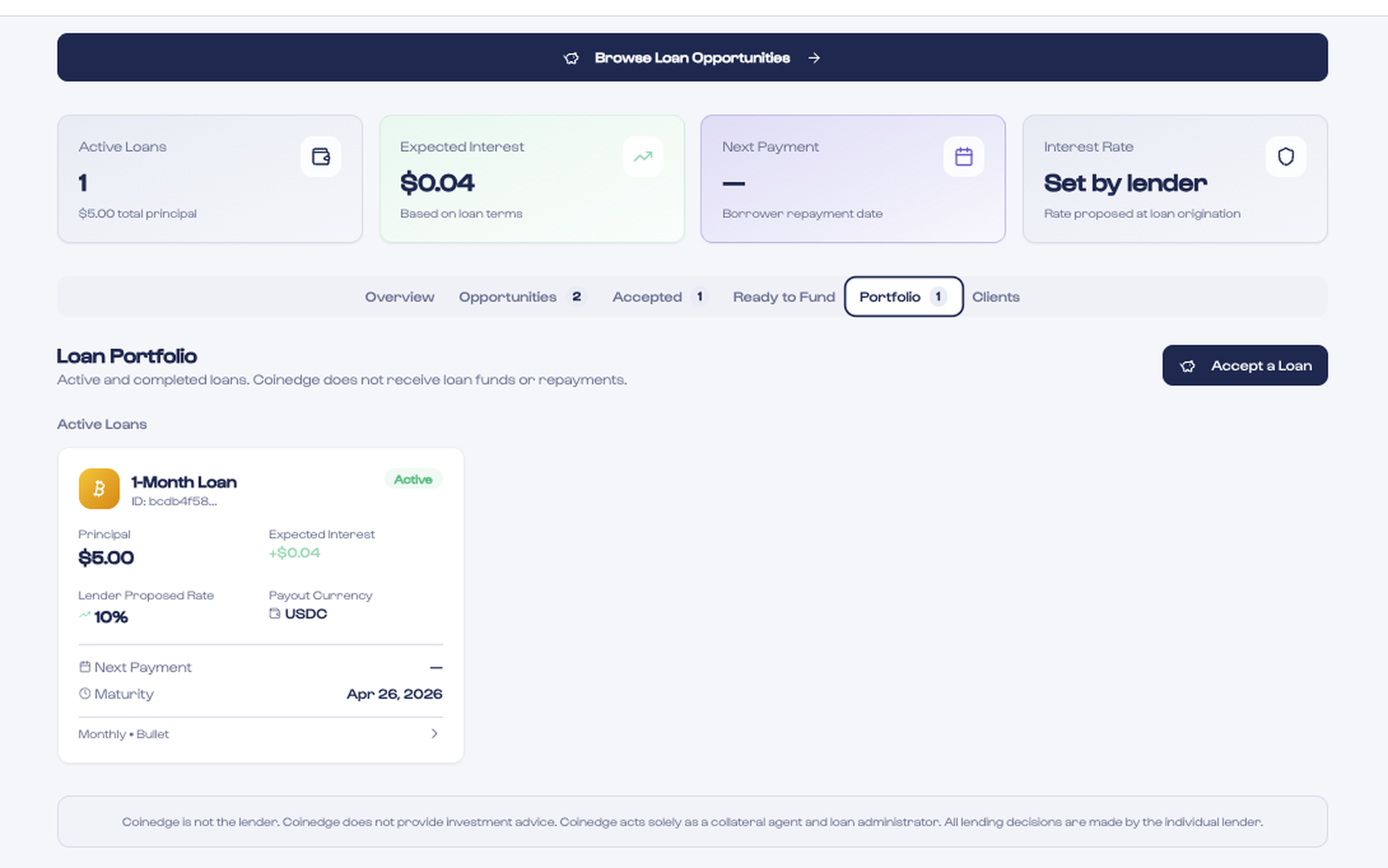 Lending dashboard showing active loan portfolio and repayment details