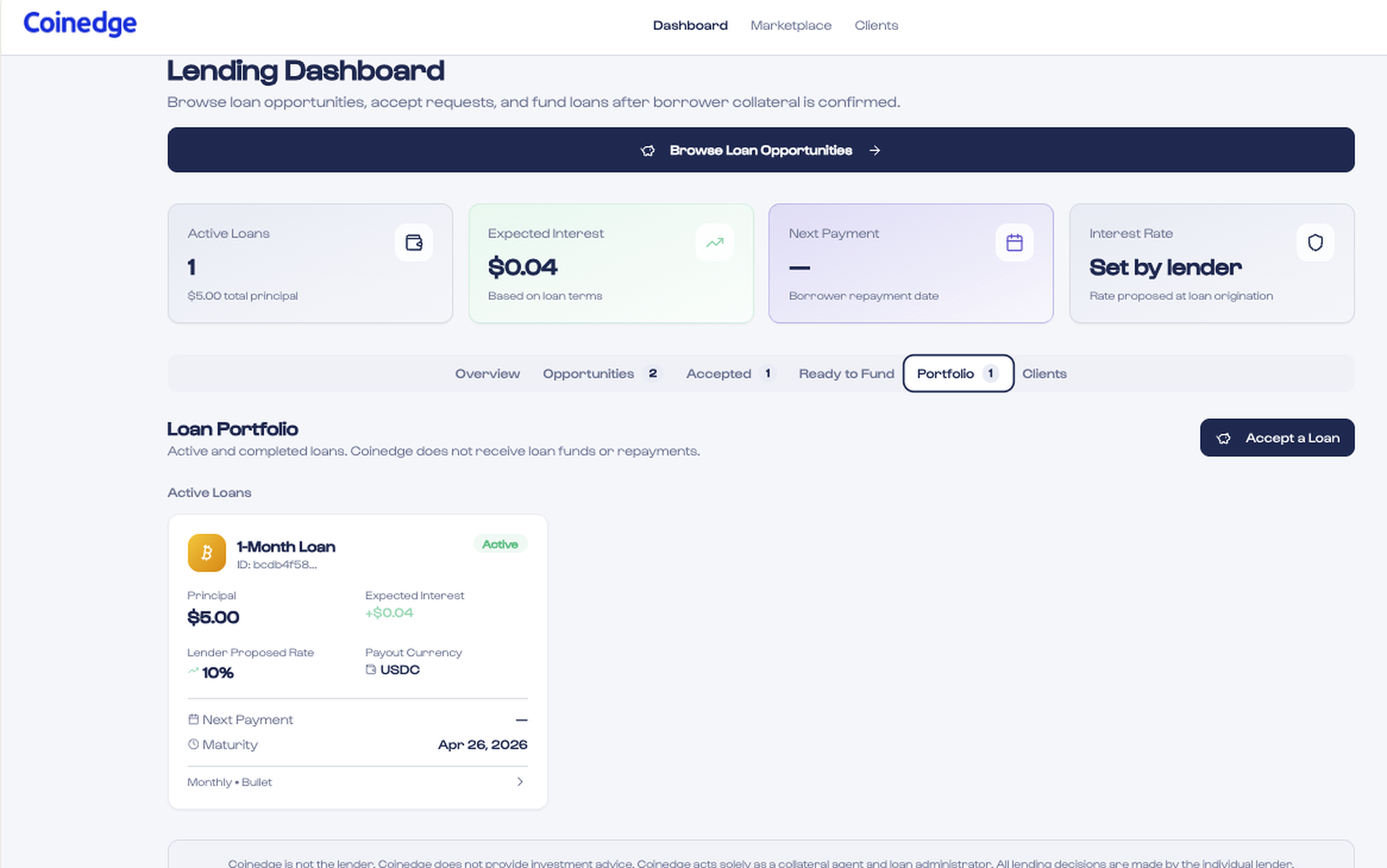 Lending dashboard showing portfolio, active loans, and opportunities